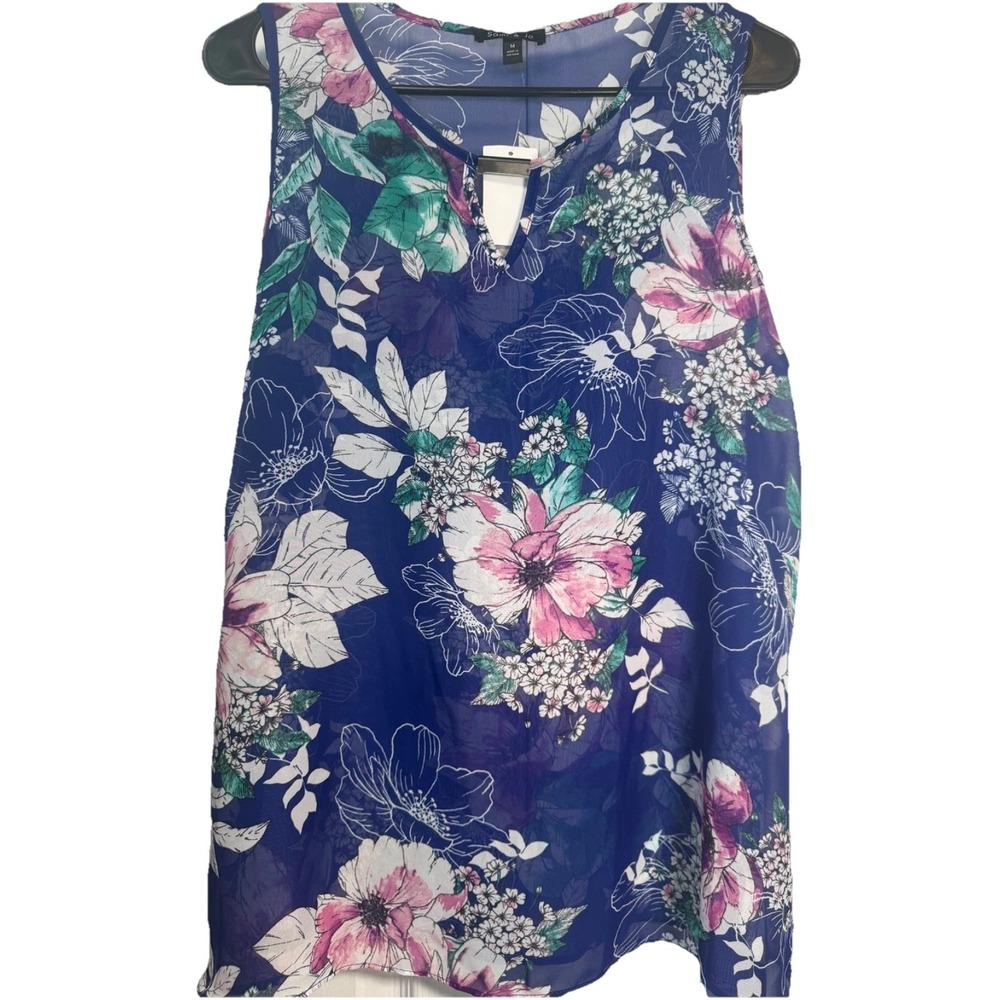 Sami & Jo Women's M NWT Sleeveless Sheer Floral Blouse Blue Pink Green Keyhole T
